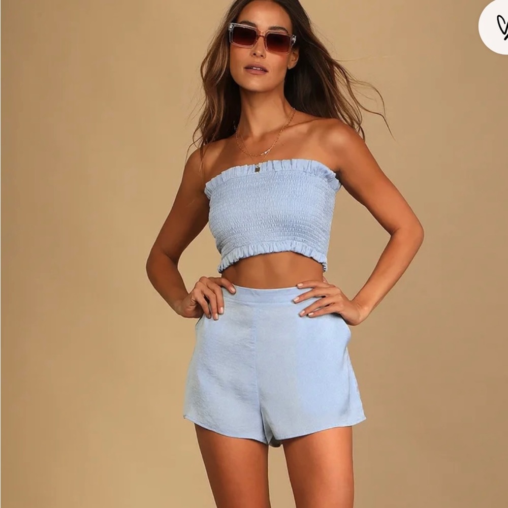 Lulus Dusty Blue Satin Smocked tube top (S) and high waisted short (XS) set